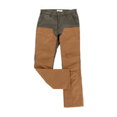 Tom Beckbe Burwell Brush Pant in dark olive and tan brown, shown flat with one leg crossed over the other.