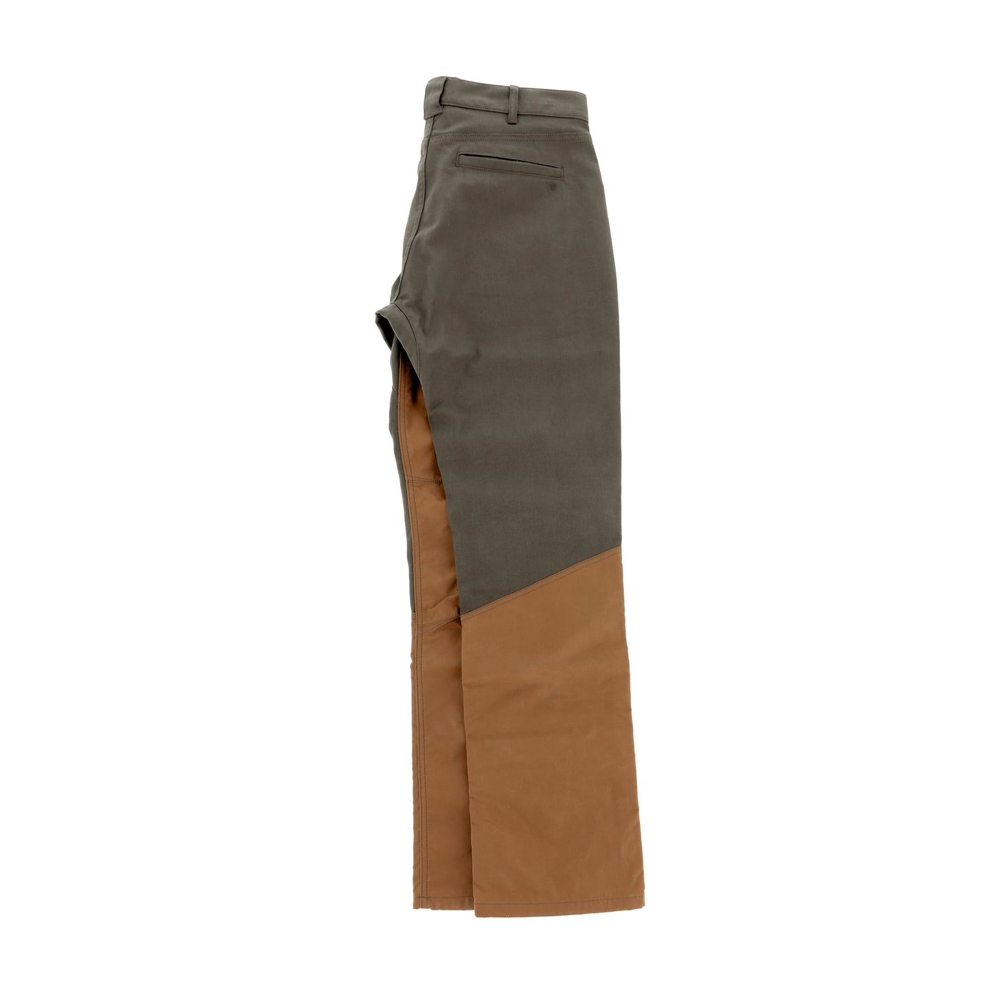The Tom Beckbe Burwell Brush Pant features an olive green upper and brown lower section, shown folded on a white background.