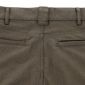 Close-up of the back of Tom Beckbe Burwell Brush Pant with belt loops, seam, and two welt pockets without buttons.