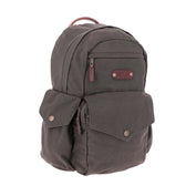 Tom Beckbe Canvas Backpack: waxed canvas, two front pockets, zipper closures, padded laptop sleeve.