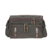 The rugged Tom Beckbe Canvas Field Bag is crafted from waxed cotton with several compartments and brown leather accents.