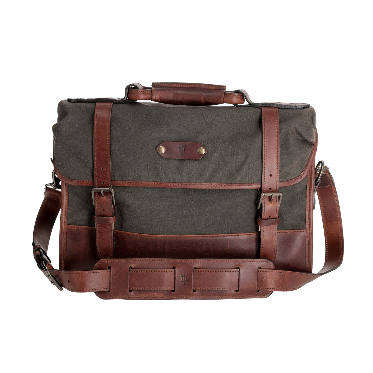Tom Beckbe Messenger Bag in Bark: leather handle, flap, padded laptop sleeve, waxed canvas and leather design.