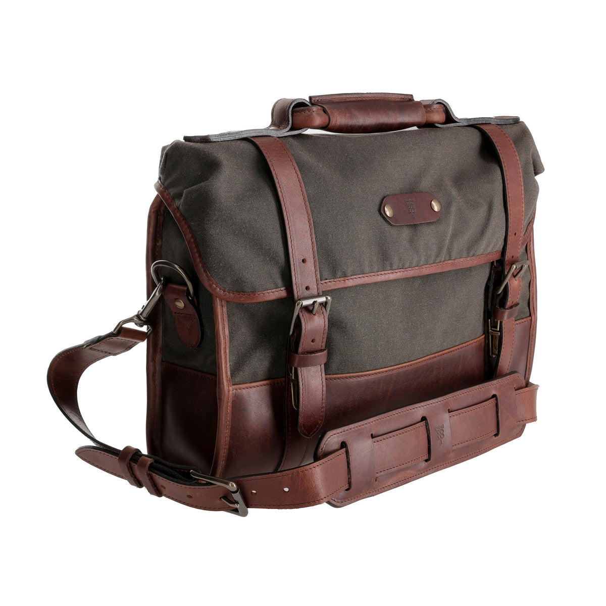 Tom Beckbe Messenger Bag: waxed canvas, leather handle & buckles, padded laptop sleeve, white background.