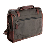 Tom Beckbe Messenger Bag: dark gray waxed canvas, brown leather handle, front zip pocket, padded laptop sleeve.