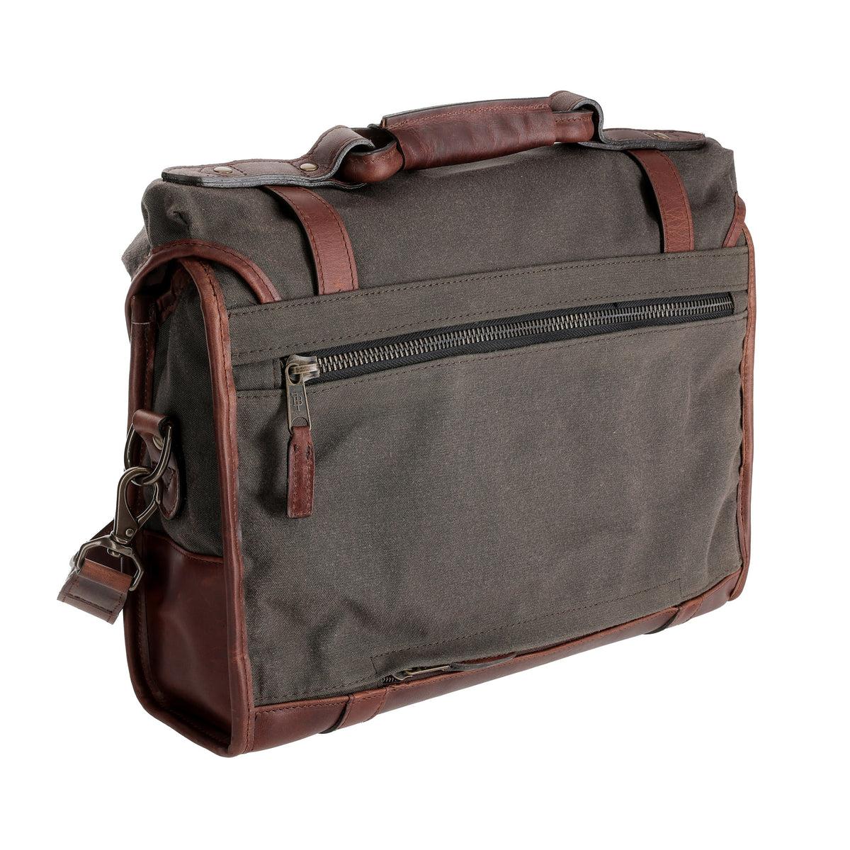 Tom Beckbe Messenger Bag: dark gray waxed canvas, brown leather handle, front zip pocket, padded laptop sleeve.