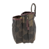 The Tom Beckbe Classic Camo Shell Bag features waxed canvas, zipper, loop handle, and compartments for shotgun shells.