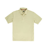 A beige Tom Beckbe Coastal Polo Shirt with collar and button placket in moisture-wicking fabric lies on white background.
