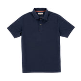 Tom Beckbes Coastal Polo Shirt: Mens navy moisture-wicking polo with short sleeves, a collar, and two neckline buttons.
