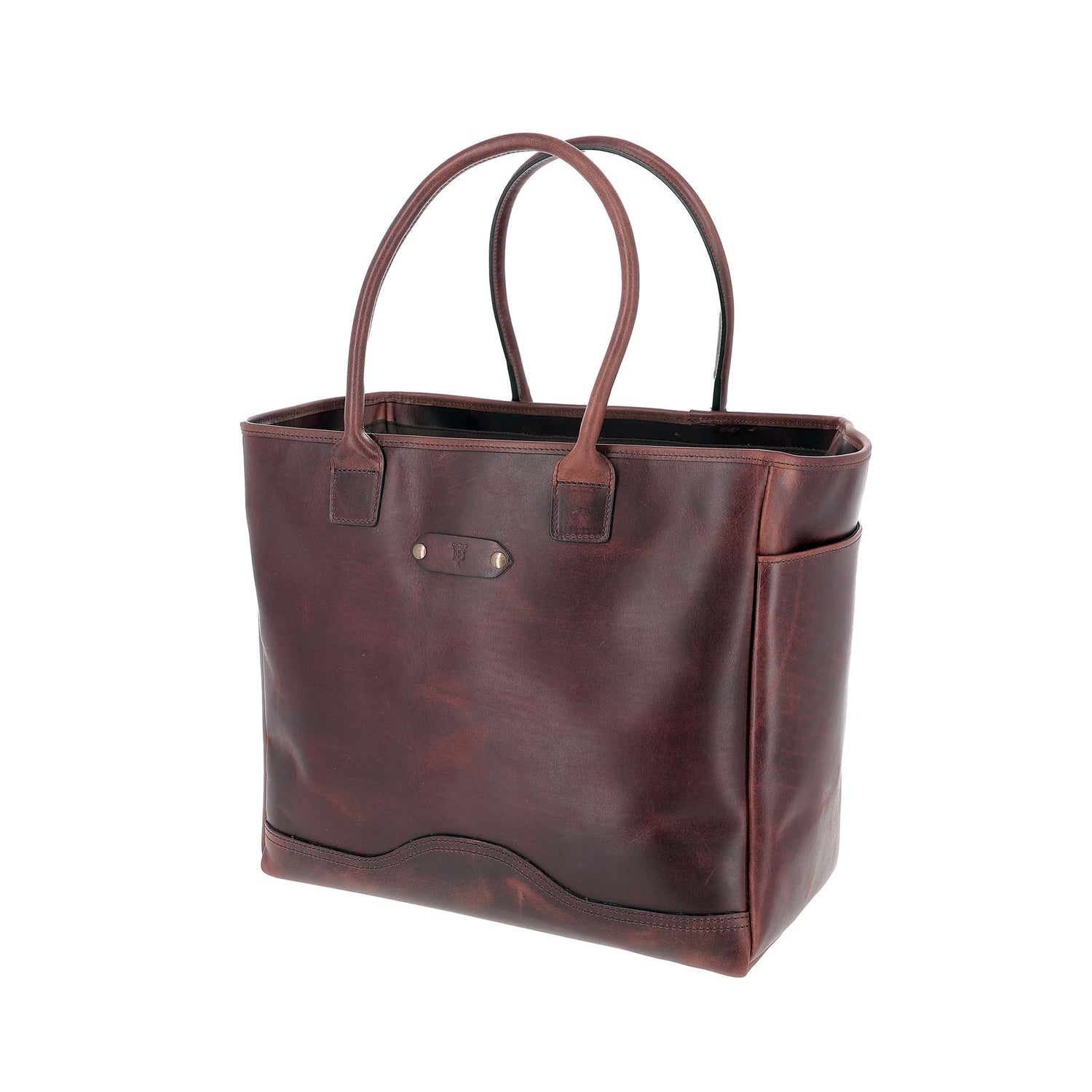 Brown leather tote bag on a white background