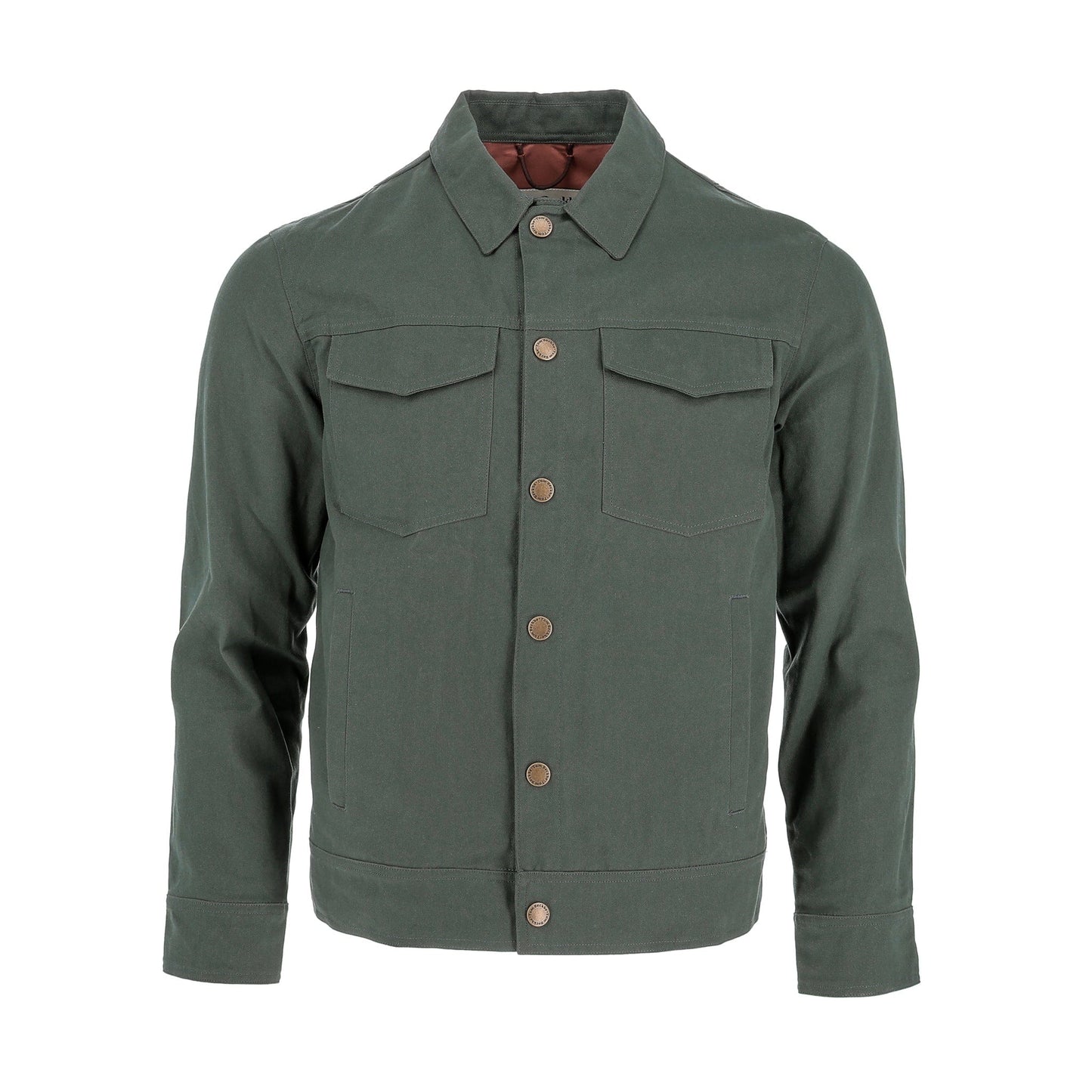 The Tom Beckbe Crawford Jacket in Balsam is a dark green waxed cotton jacket with chest pockets and a collar.