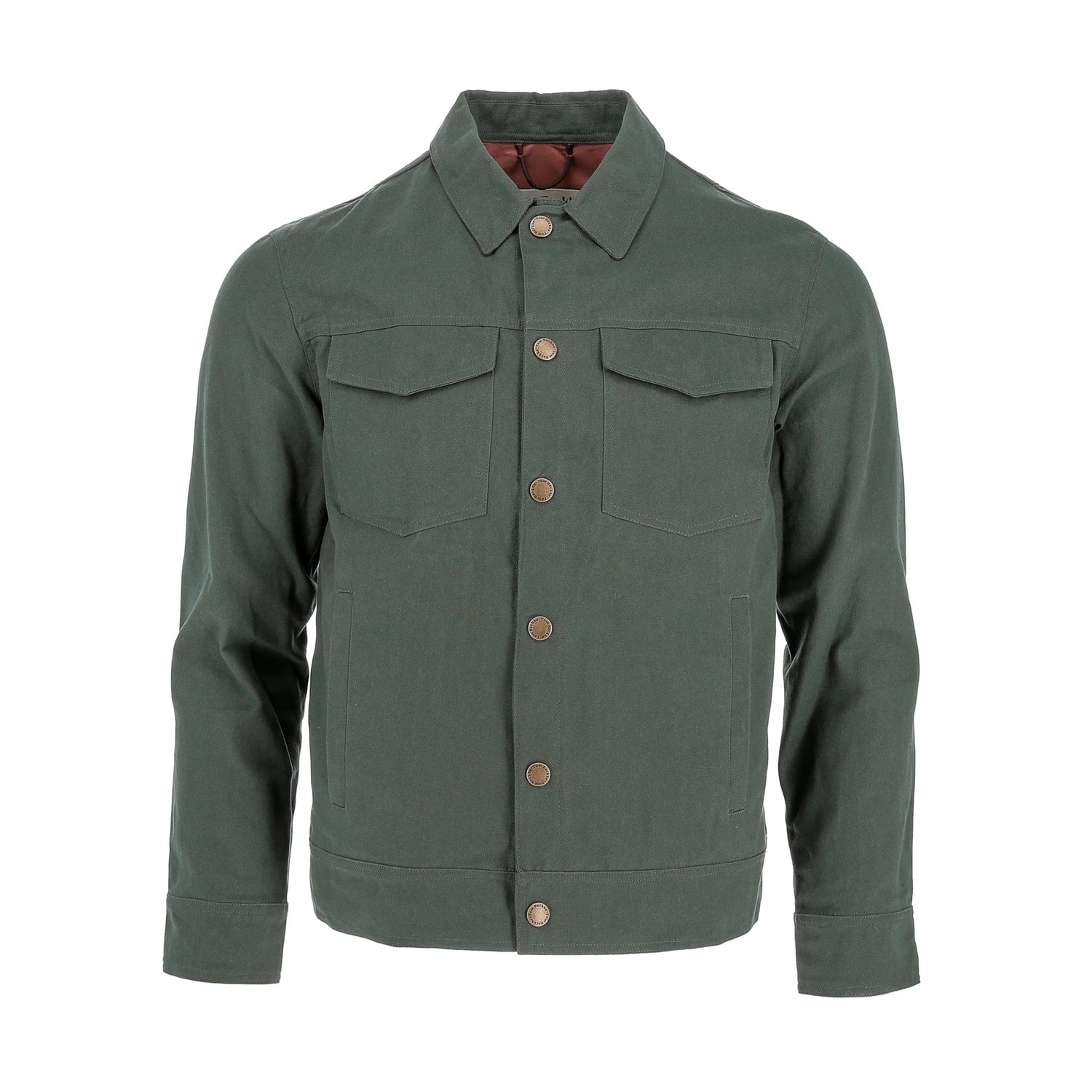 The Tom Beckbe Crawford Jacket in Balsam is a dark green waxed cotton jacket with chest pockets and a collar.