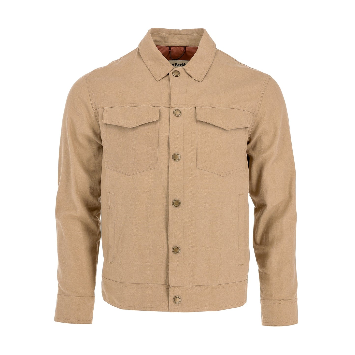 The Tom Beckbe Crawford Jacket in Fallow Wheat features a collar, chest pockets, and long sleeves on a white background.