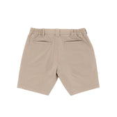 Tom Beckbes Crenshaw Performance Shorts are beige, with four-way stretch, belt loops, and two back pockets on white.