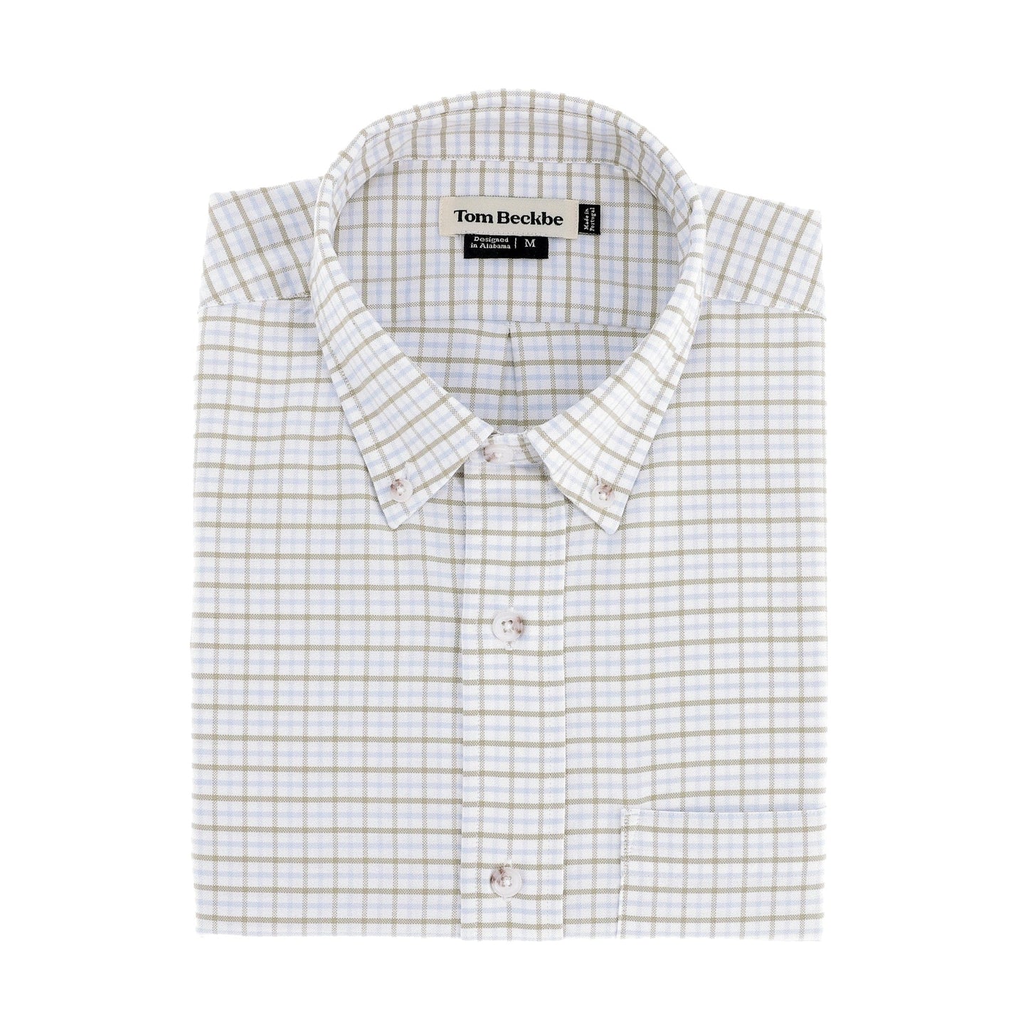 The Tom Beckbe Culver Oxford Shirt is a long-sleeve, breathable cotton plaid in Khaki Sky with a front pocket.