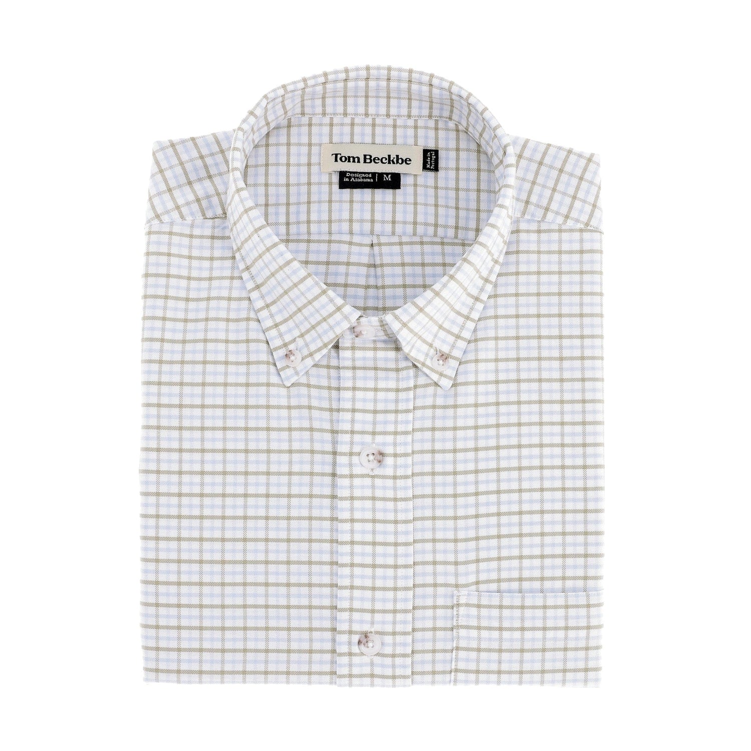 The Tom Beckbe Culver Oxford Shirt is a long-sleeve, breathable cotton plaid in Khaki Sky with a front pocket.