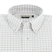 The Tom Beckbe Culver Oxford Shirt features a beige and white plaid and a classic button-down collar.