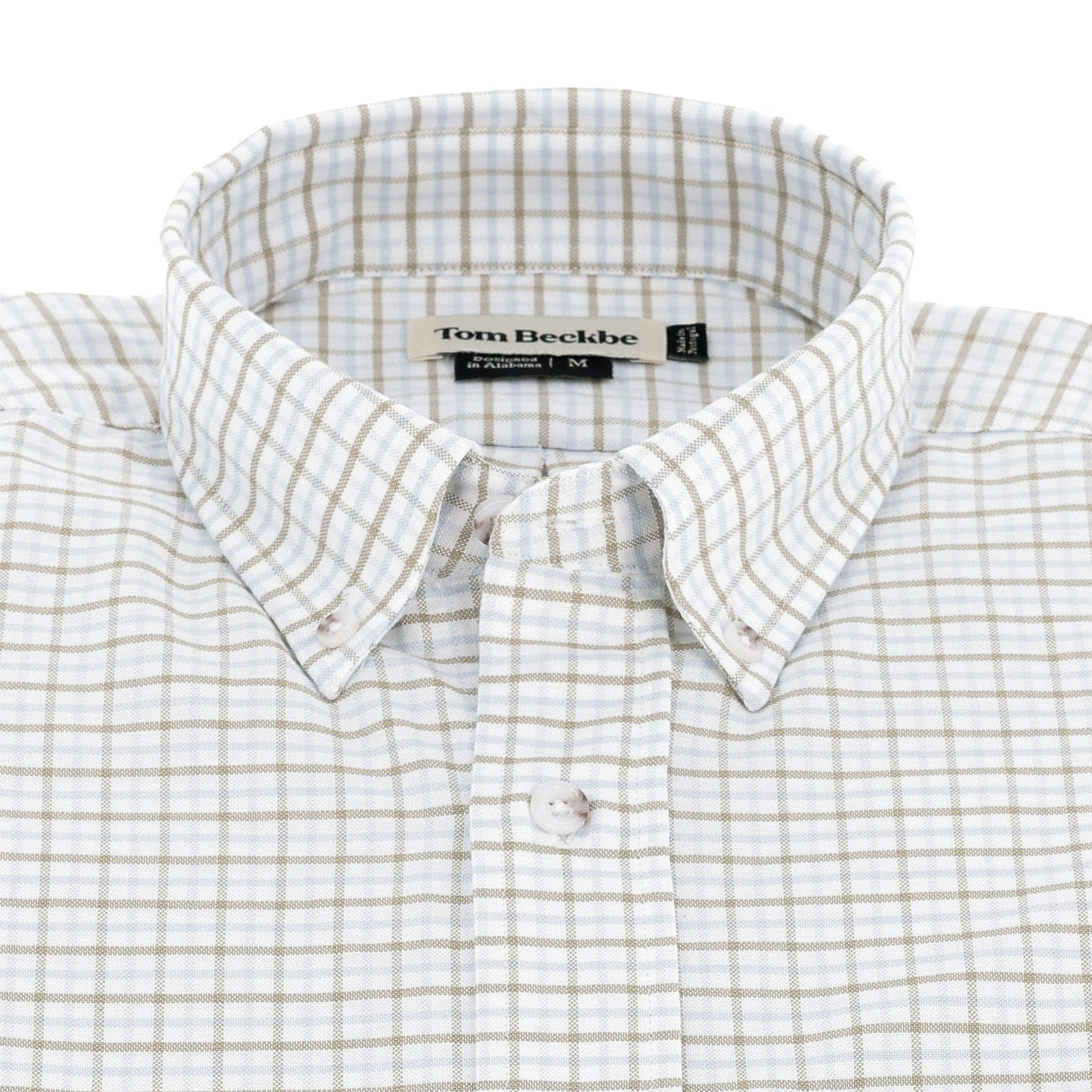 The Tom Beckbe Culver Oxford Shirt features a beige and white plaid and a classic button-down collar.