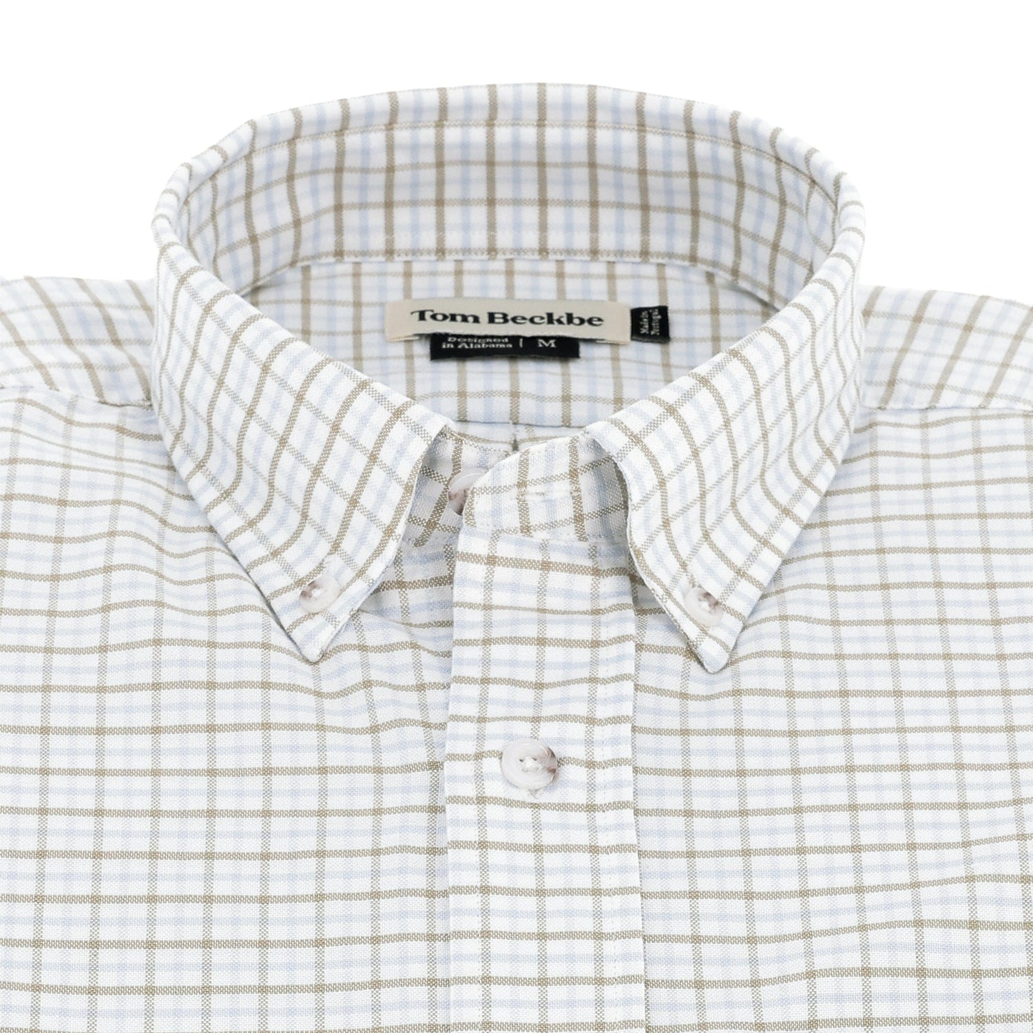 The Tom Beckbe Culver Oxford Shirt features a beige and white plaid and a classic button-down collar.