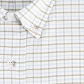 Close-up of the Tom Beckbe Culver Oxford Shirt in beige and white plaid with collar and three buttons visible.