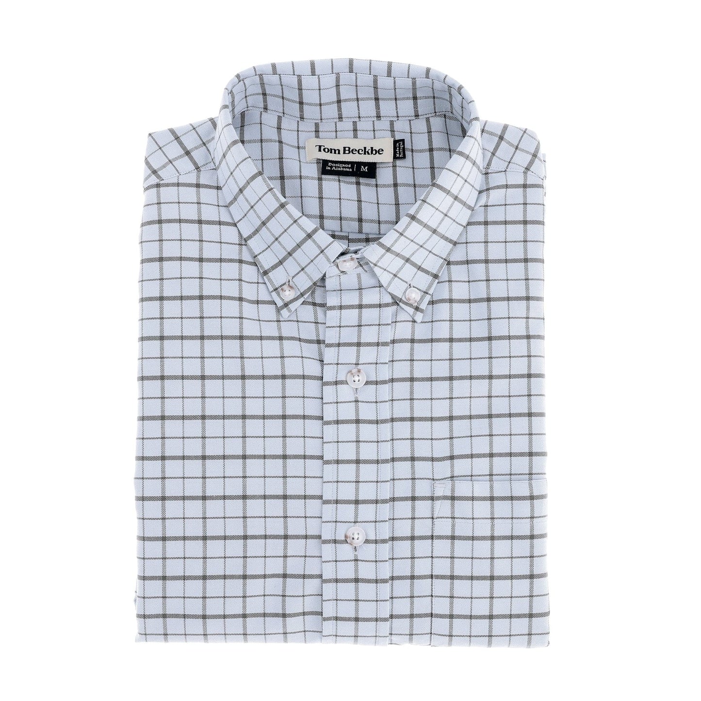 The Tom Beckbe Culver Oxford Shirt features a folded, long-sleeve cotton design in an Olive Blue checkered pattern.