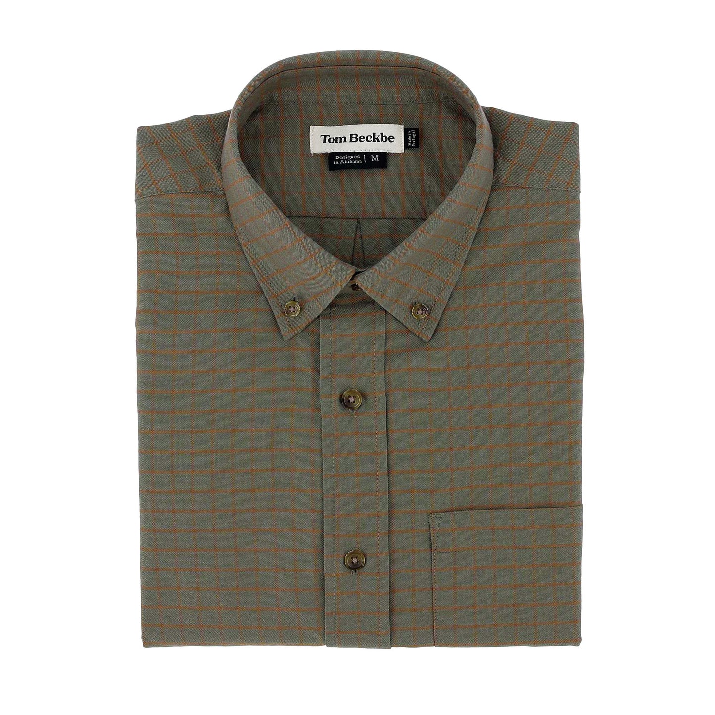 Folded green checkered Culver Oxford Shirt by Tom Beckbe, breathable cotton with front pocket and collar label.