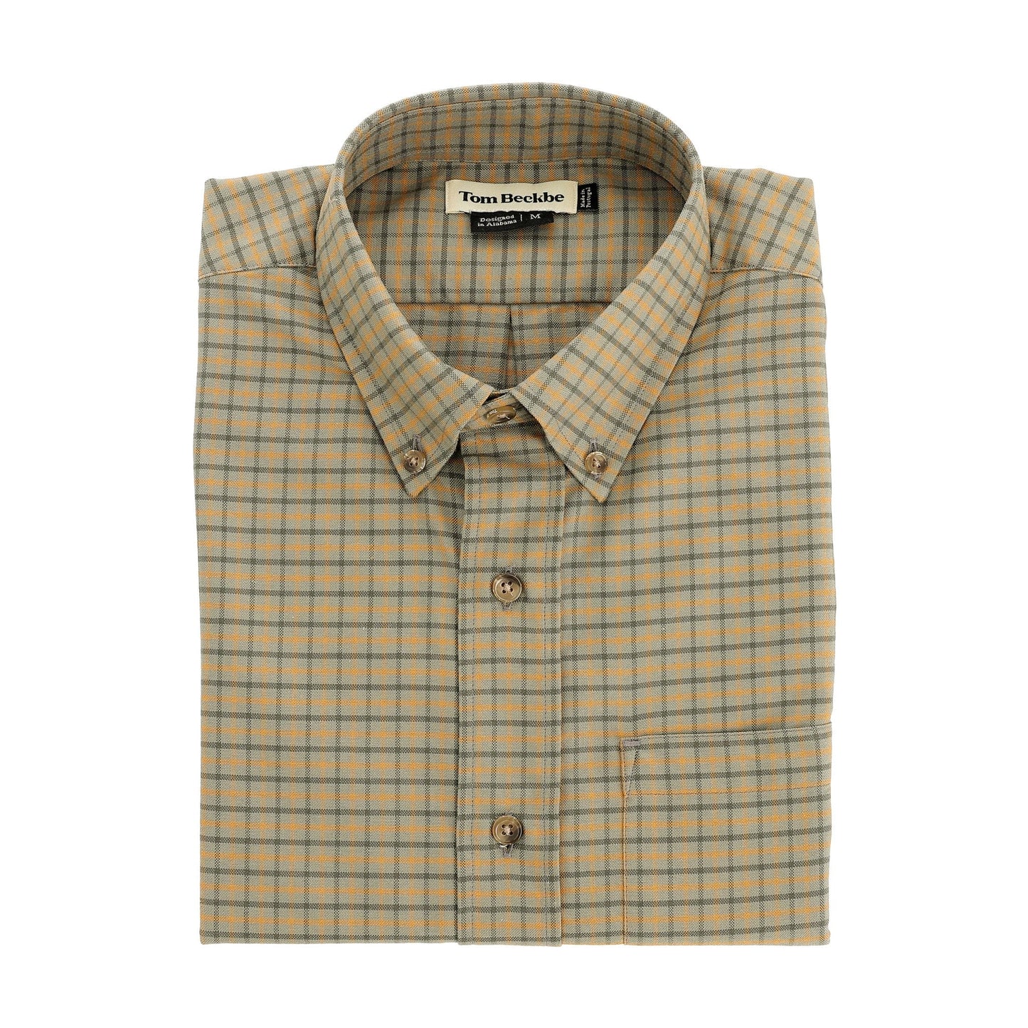 The Tom Beckbe Culver Oxford Shirt is a neatly folded, long-sleeve olive umber cotton shirt.