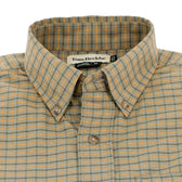 Close-up of the Tom Beckbe Culver Oxford Shirt, a plaid breathable cotton collared shirt with brand label inside neck.