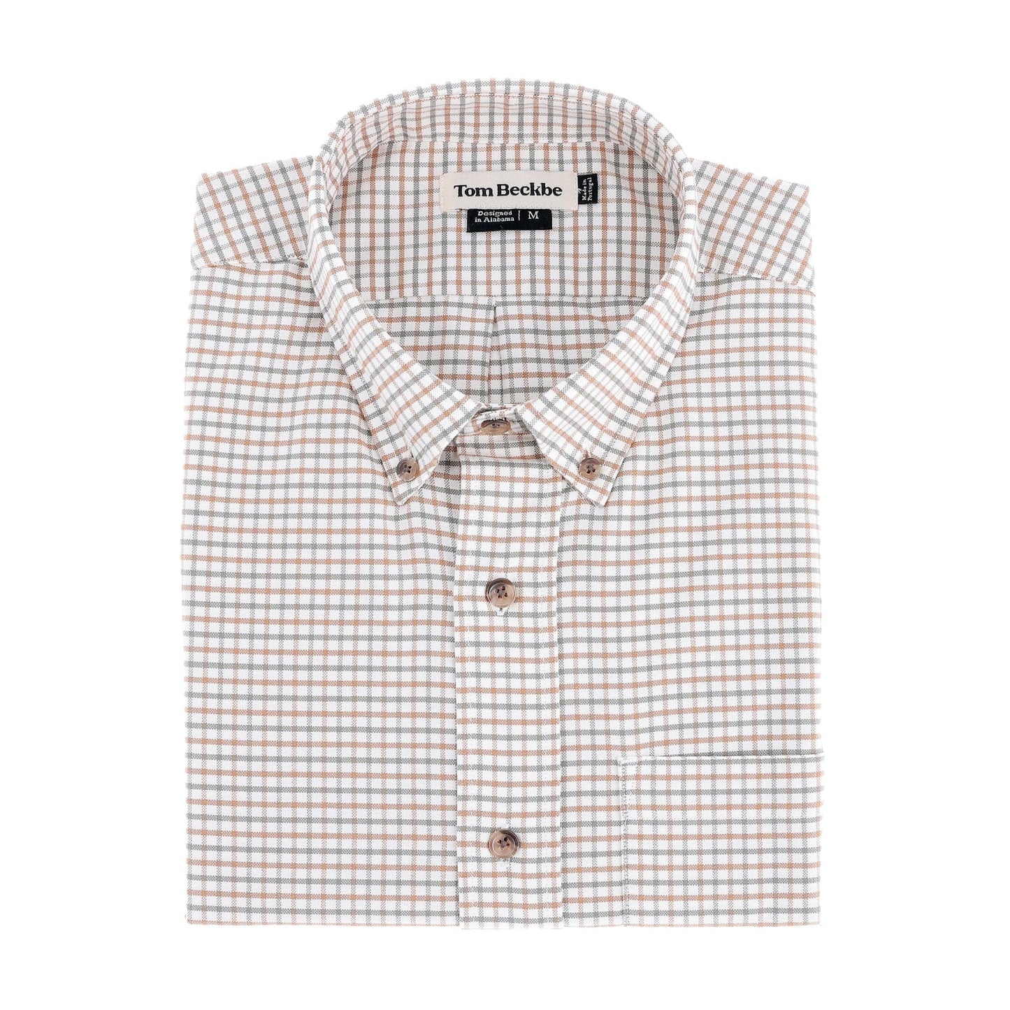Folded Tom Beckbe Culver Oxford Shirt, breathable cotton with brown and blue checks, size medium.