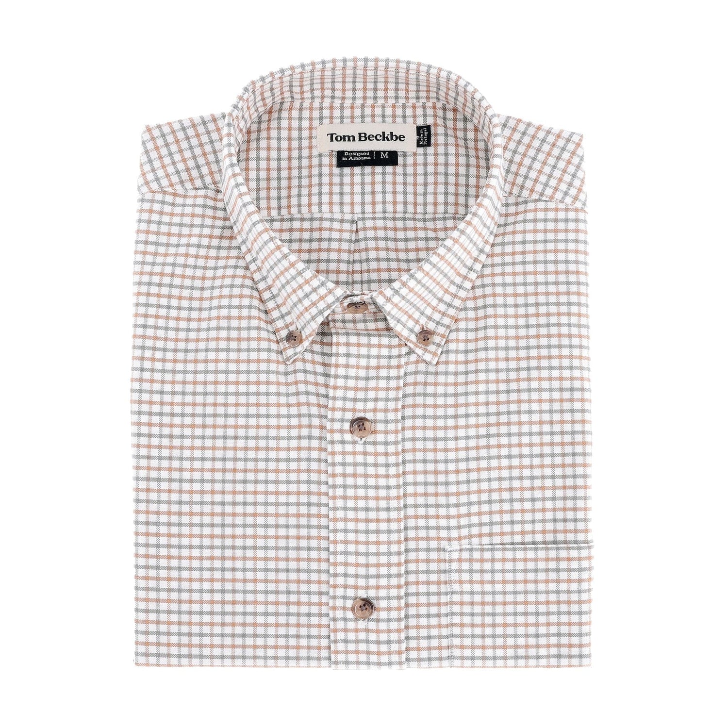 Folded Tom Beckbe Culver Oxford Shirt, breathable cotton with brown and blue checks, size medium.