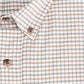 Close-up of Tom Beckbes Culver Oxford Shirt in breathable cotton with brown and gray plaid and light brown buttons.