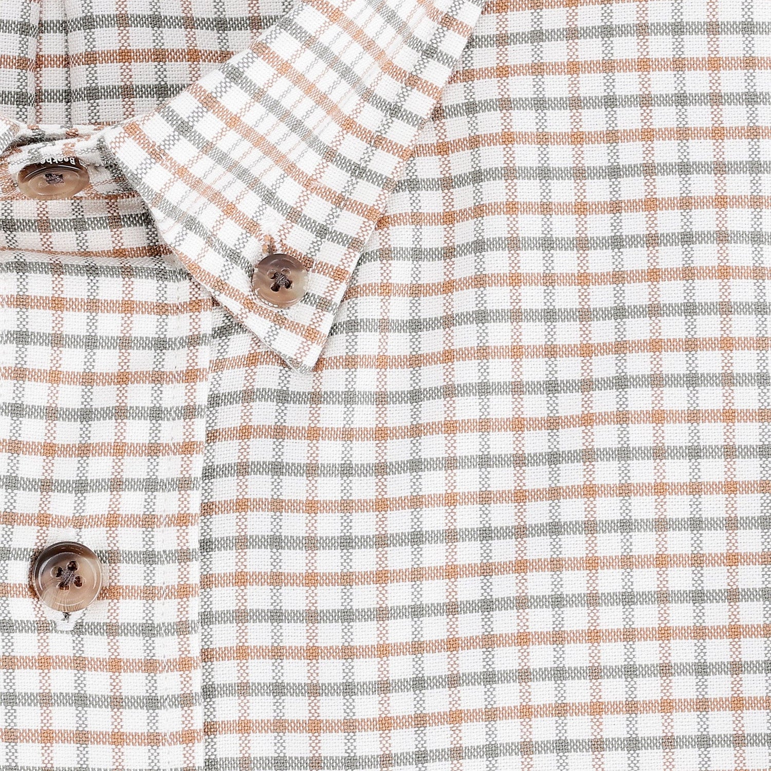 Close-up of Tom Beckbes Culver Oxford Shirt in breathable cotton with brown and gray plaid and light brown buttons.