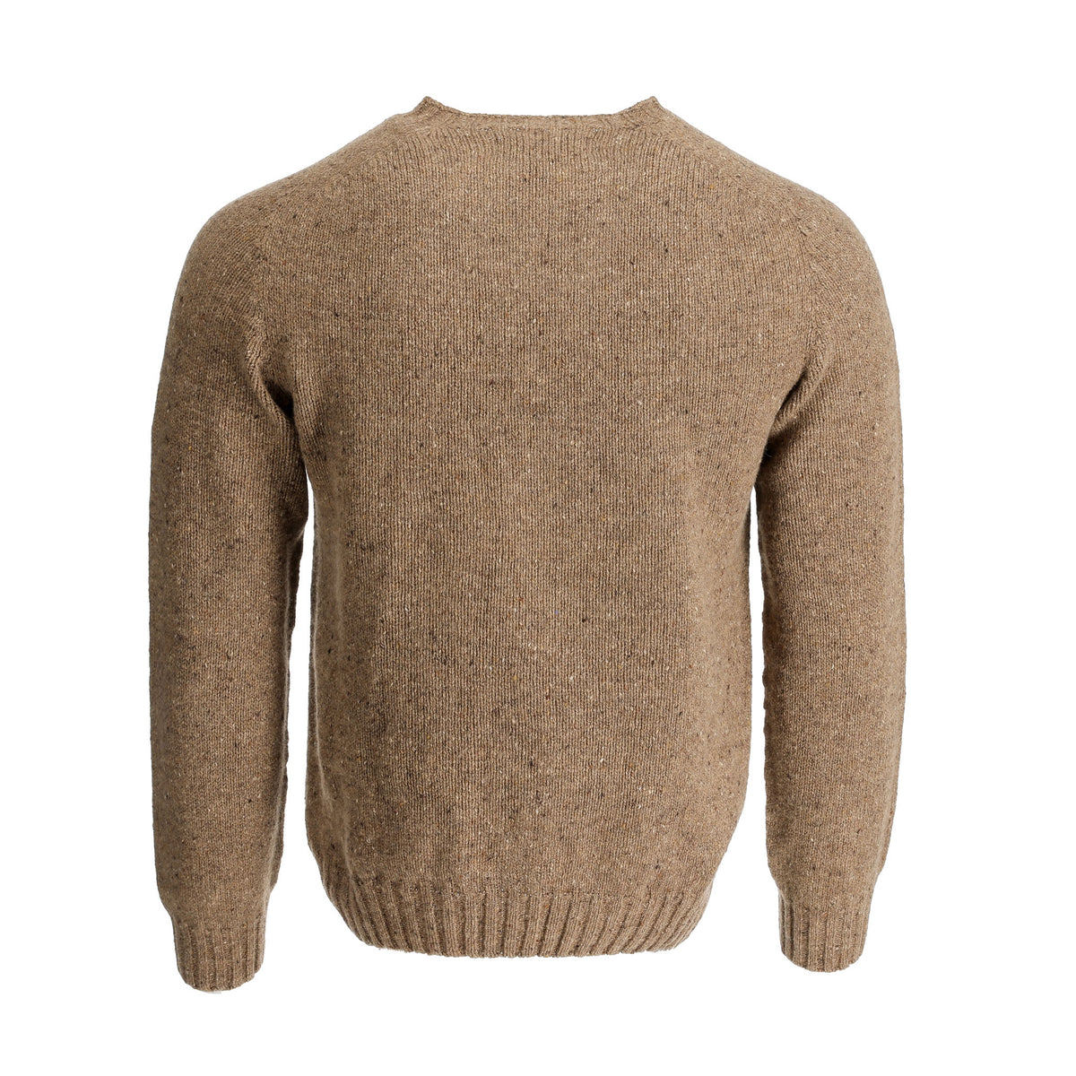 Tom Beckbe Dalton Crewneck Sweater for men, pure new wool, brown, shown from the back with ribbed cuffs and hem.