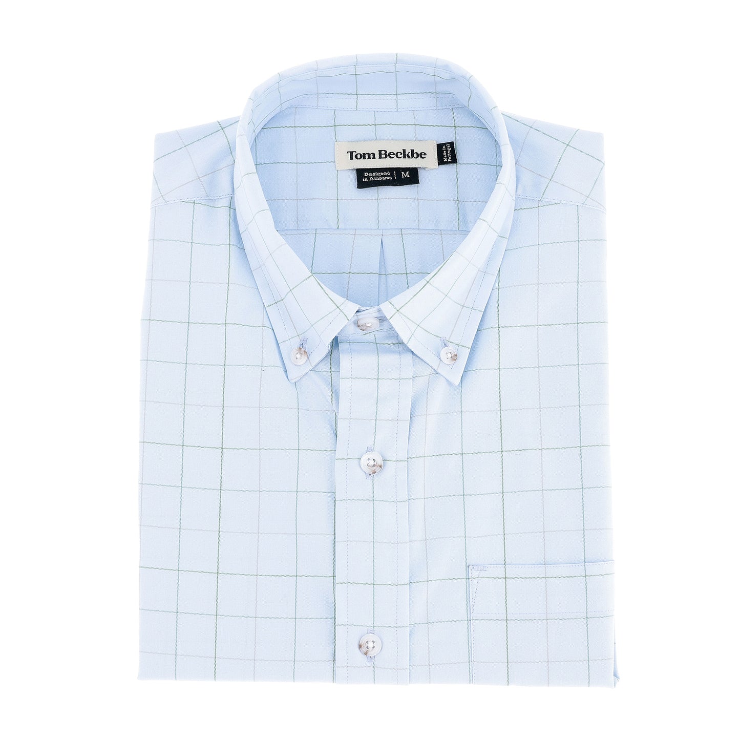 A folded light blue Ensley Pinpoint Oxford Shirt with a grid pattern and button-down collar by Tom Beckbe.