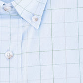 Close-up of the Ensley Pinpoint Oxford Shirt by Tom Beckbe in light blue with green and gray checks and white buttons.
