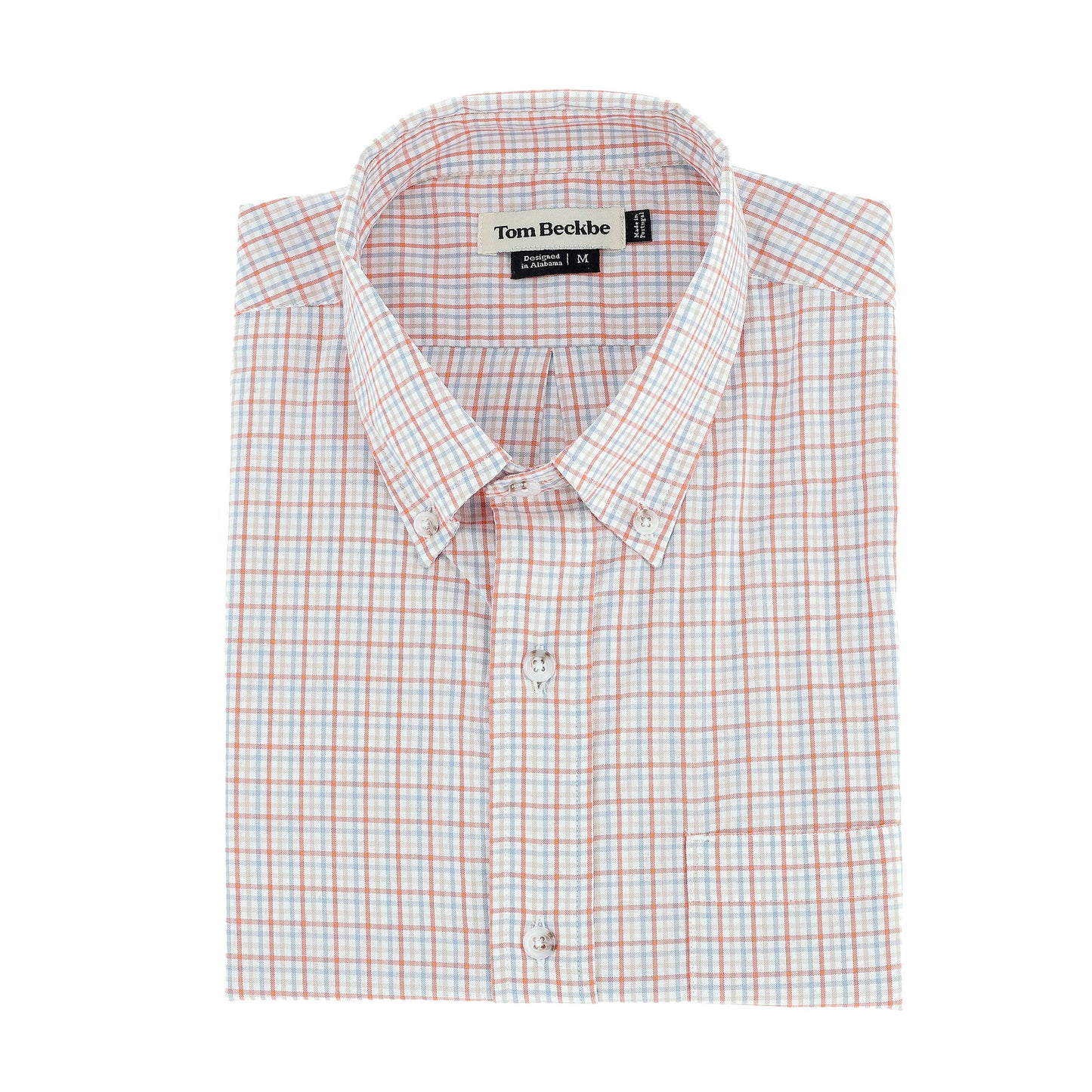 The Ensley Pinpoint Oxford Shirt by Tom Beckbe features red-blue plaid, long sleeves, a button-up front, and a chest pocket.