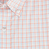 Close-up of the Tom Beckbe Ensley Pinpoint Oxford Shirt in a blue, orange, and white plaid pattern.