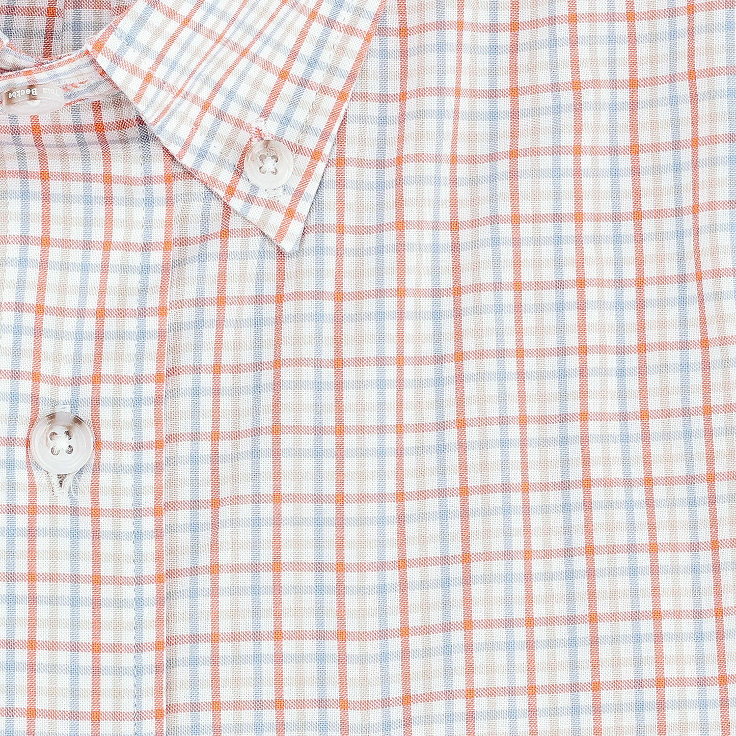 Close-up of the Tom Beckbe Ensley Pinpoint Oxford Shirt in a blue, orange, and white plaid pattern.