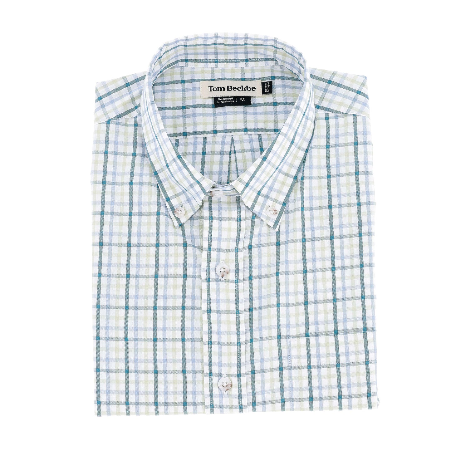 Folded Tom Beckbe Ensley Pinpoint Oxford Shirt in light blue and green with front pocket and visible brand label.
