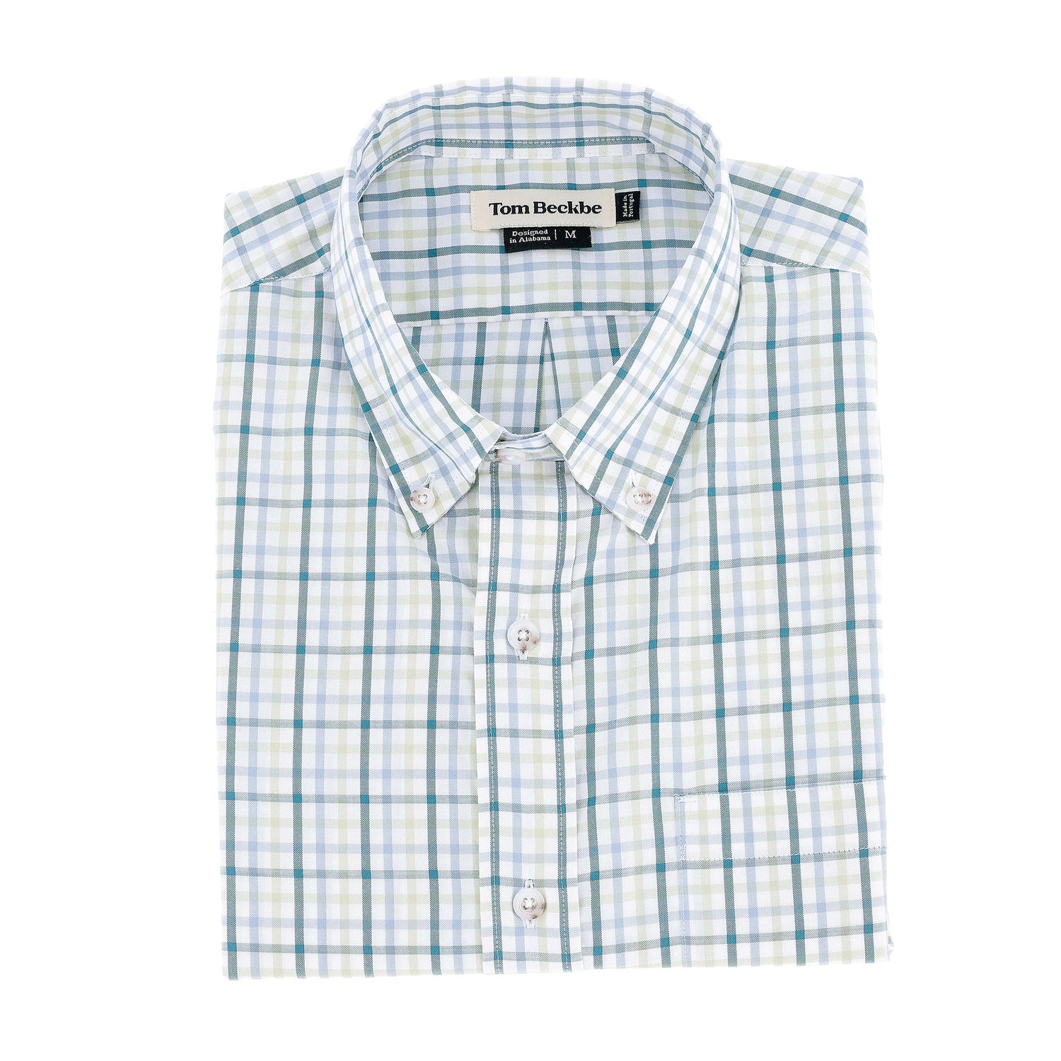 Folded Tom Beckbe Ensley Pinpoint Oxford Shirt in light blue and green with front pocket and visible brand label.