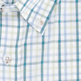 Close-up of the Tom Beckbe Ensley Pinpoint Oxford Shirt in a light blue, green, and white plaid pattern.