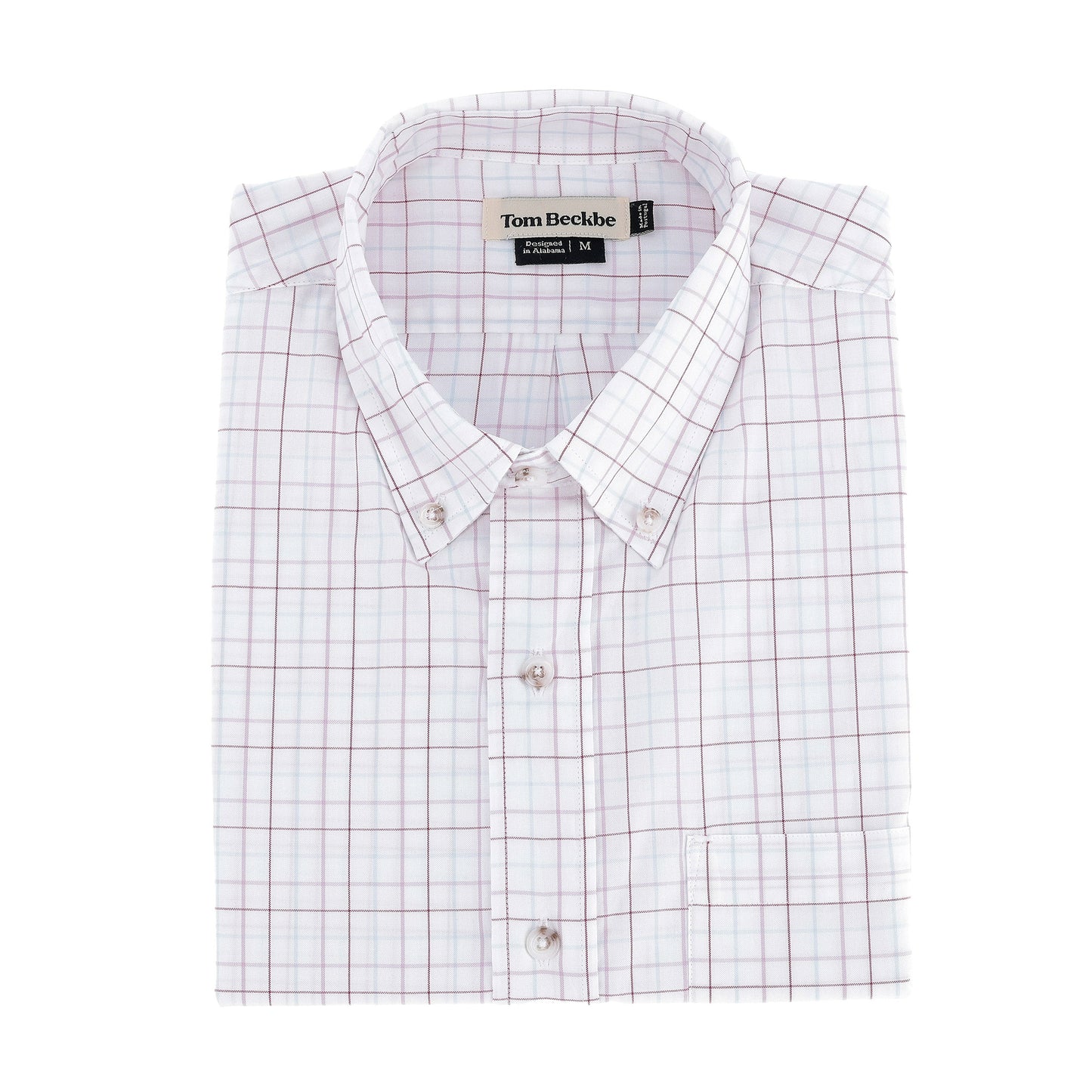 Tom Beckbe Ensley Pinpoint Oxford Shirt: folded white cotton with light red and blue grid, front pocket, and tag.