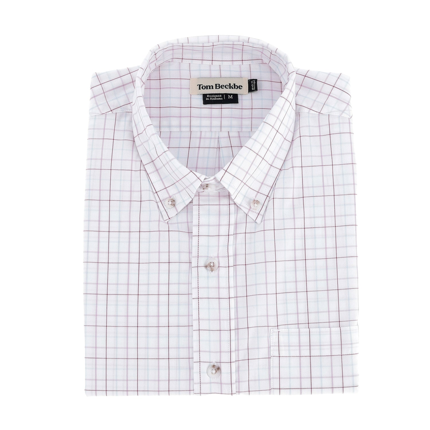 Tom Beckbe Ensley Pinpoint Oxford Shirt: folded white cotton with light red and blue grid, front pocket, and tag.