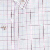 Close-up of the Tom Beckbe Ensley Pinpoint Oxford Shirt featuring a light blue and red grid and white buttons.