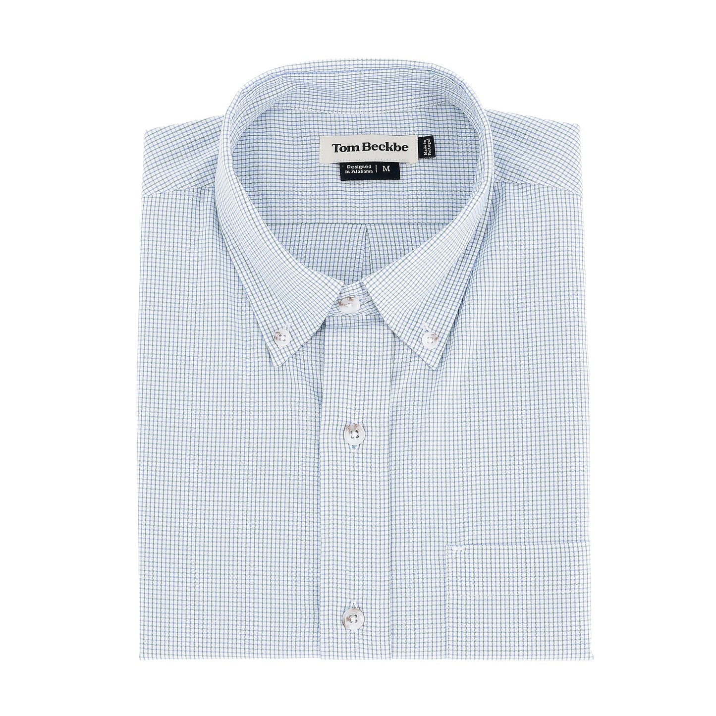 Folded light blue Ensley Pinpoint Oxford Shirt by Tom Beckbe, size M, with collar and front pocket.