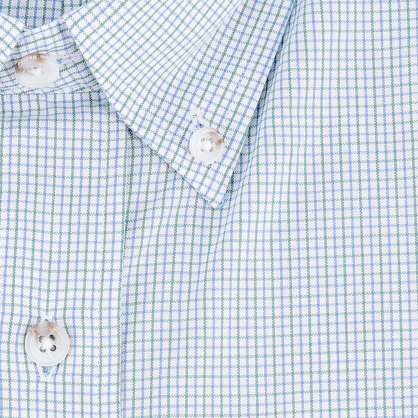 Close-up of the Tom Beckbe Ensley Pinpoint Oxford Shirt in blue and green checks with collar and white buttons.