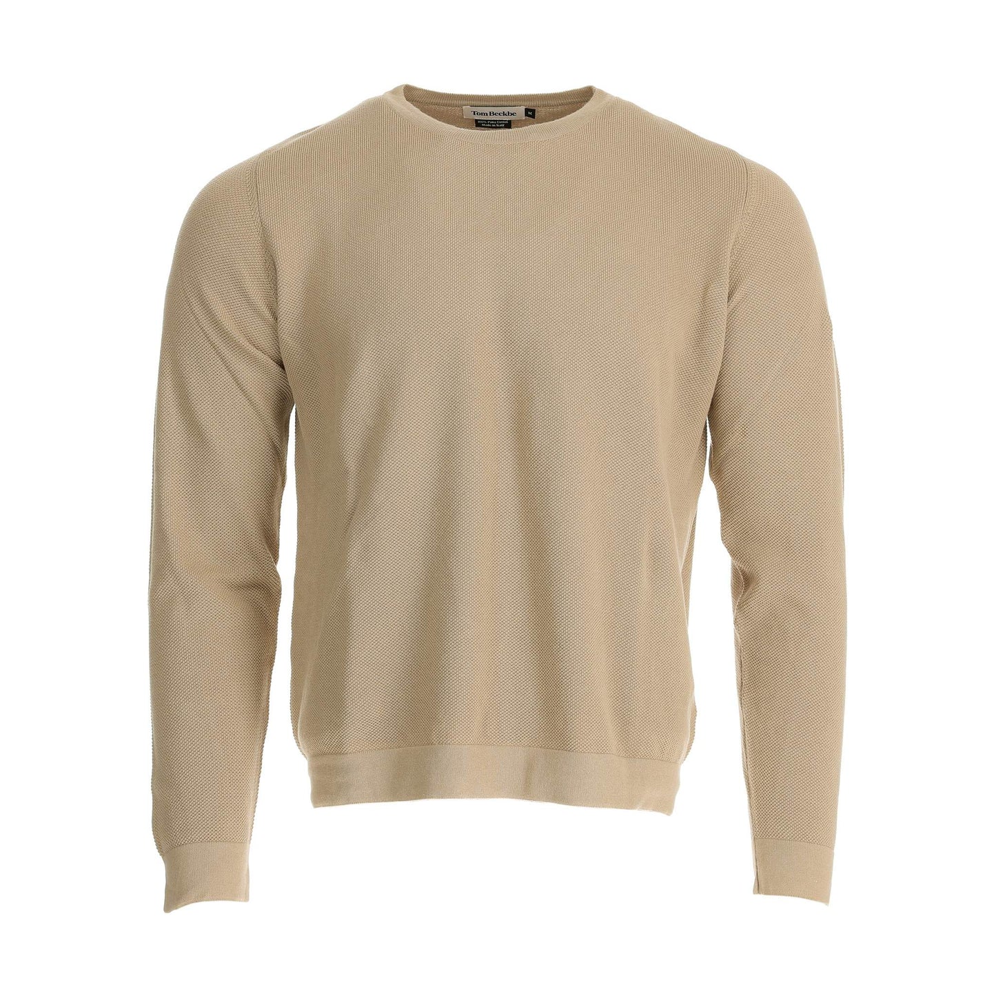 The Tom Beckbe Foley Pima Crewneck Sweater in beige cotton for men, shown against a white background.