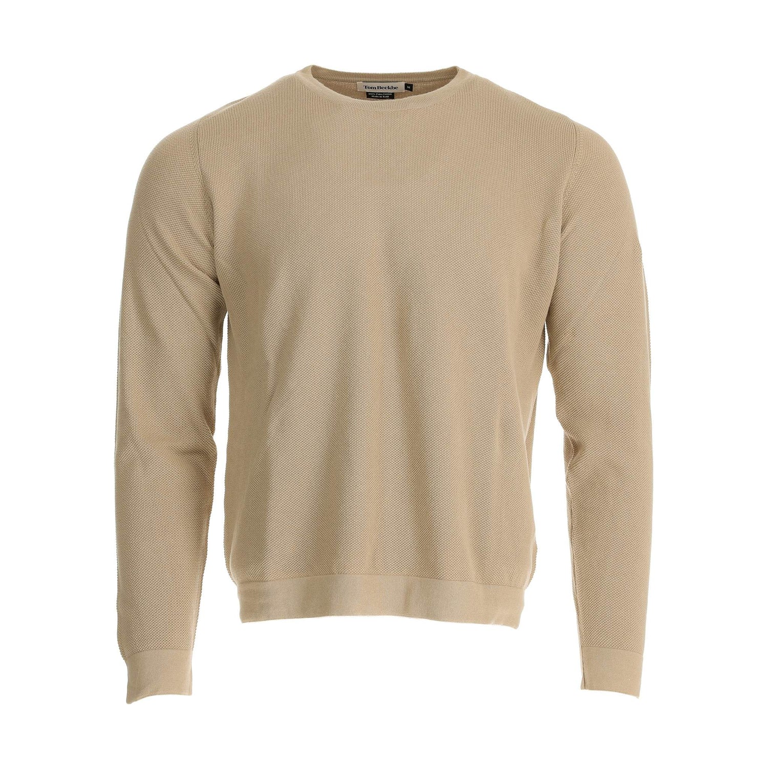 The Tom Beckbe Foley Pima Crewneck Sweater in beige cotton for men, shown against a white background.