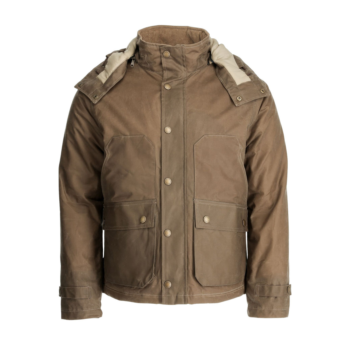 Tom Beckbe Fowler Jacket: brown hooded hunting coat with HD Wool, snap buttons, and flap pockets on white background.