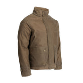 Tom Beckbe Fowler Jacket: Brown waxed cotton, HD Wool insulated, snap front pockets, stand collar.