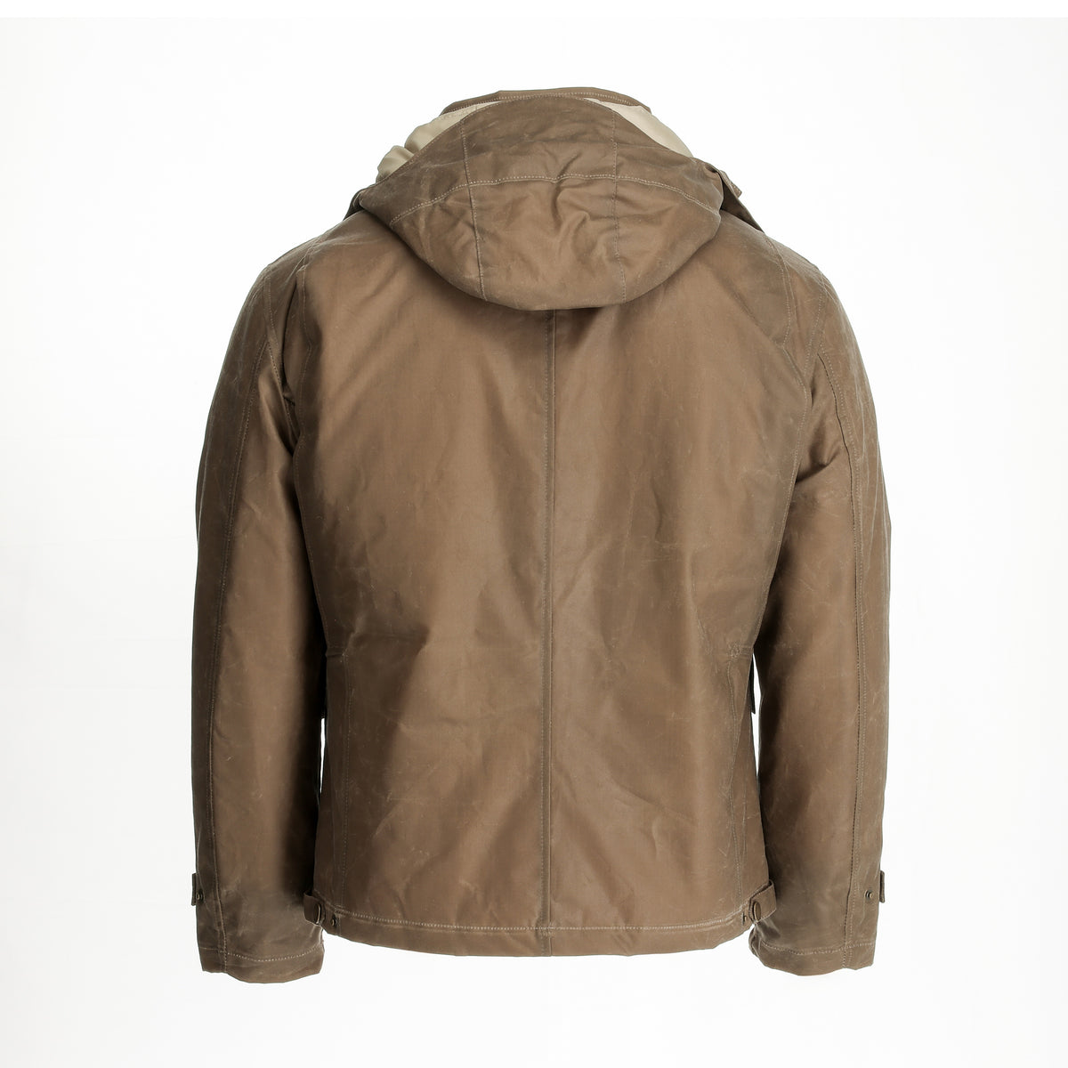Tom Beckbe Fowler Jacket in brown waxed cotton with hood, shown from the back on a plain white background.